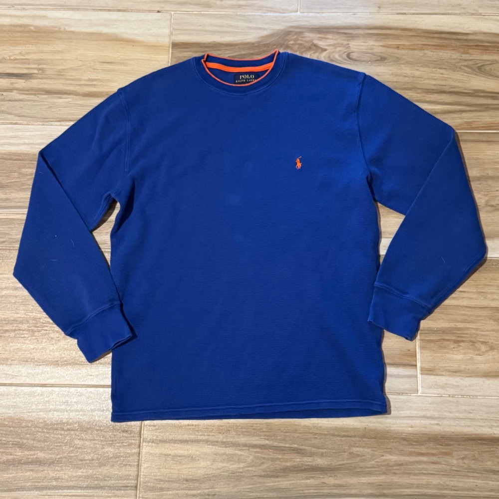 Polo Ralph Lauren Mens Blue Orange Waffle Knit Thermal Long Sleeve Shirt Large